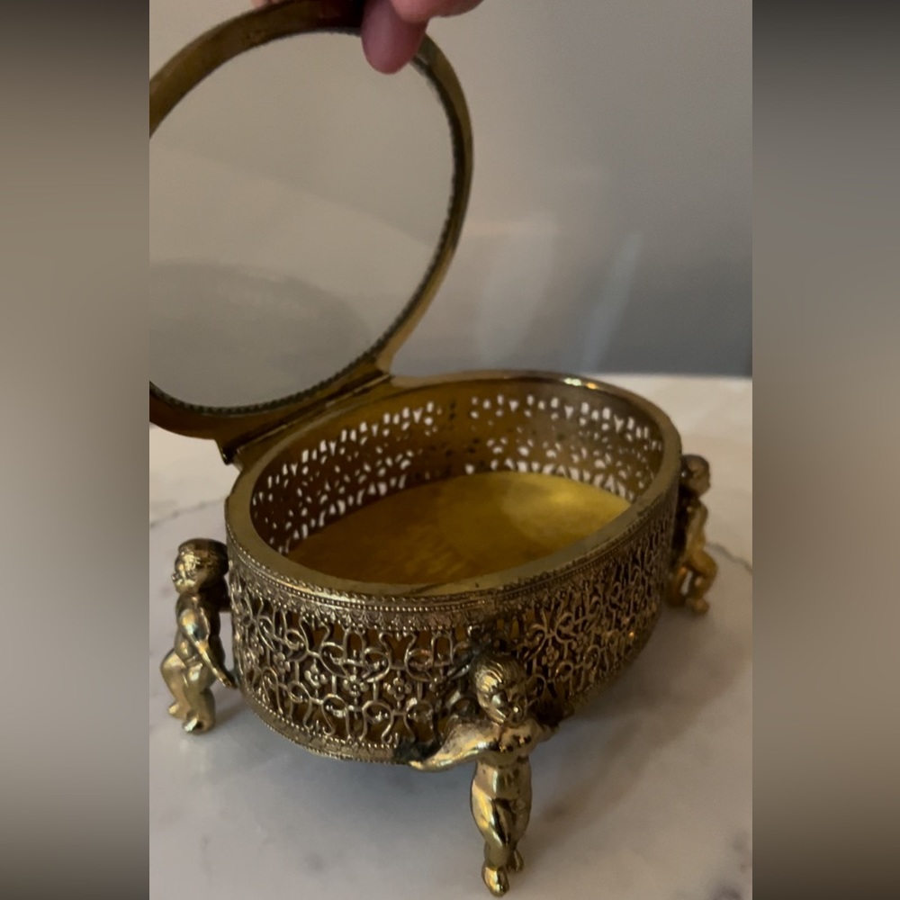 Vintage Brass Cherub Leg Glass Top Jewelry Casket!